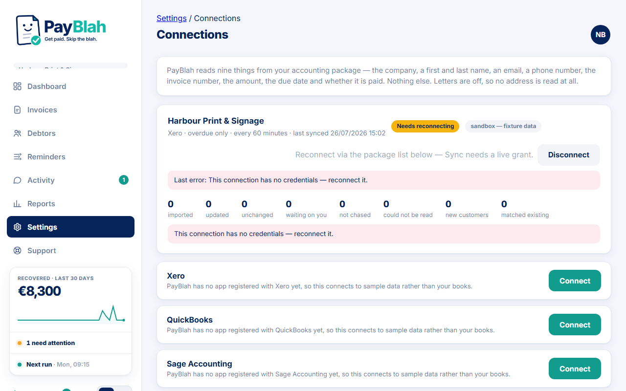 Connections page explaining the nine fields PayBlah reads