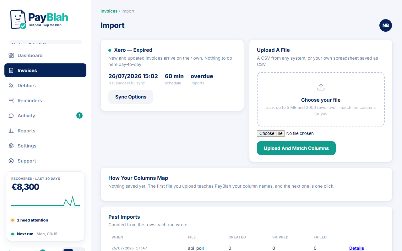 Import page with CSV upload and Upload And Match Columns