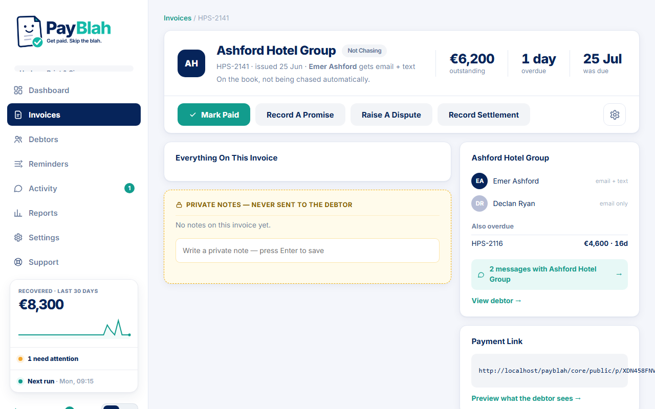 Invoice detail with Record Settlement fields for agreed amount and write-off