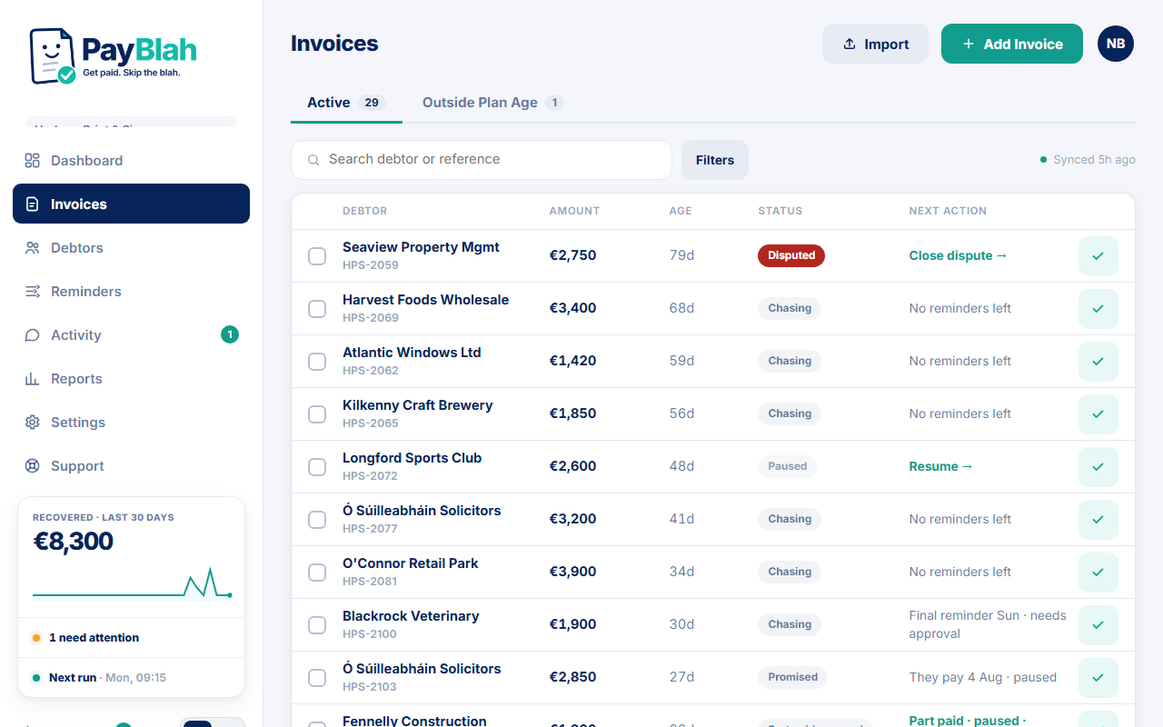 Invoice list showing varied statuses including Chasing, Disputed, Promised