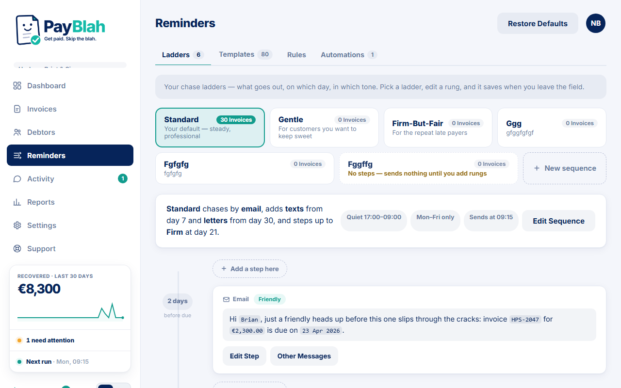 Reminders Ladders tab with multiple sequences and Edit Sequence