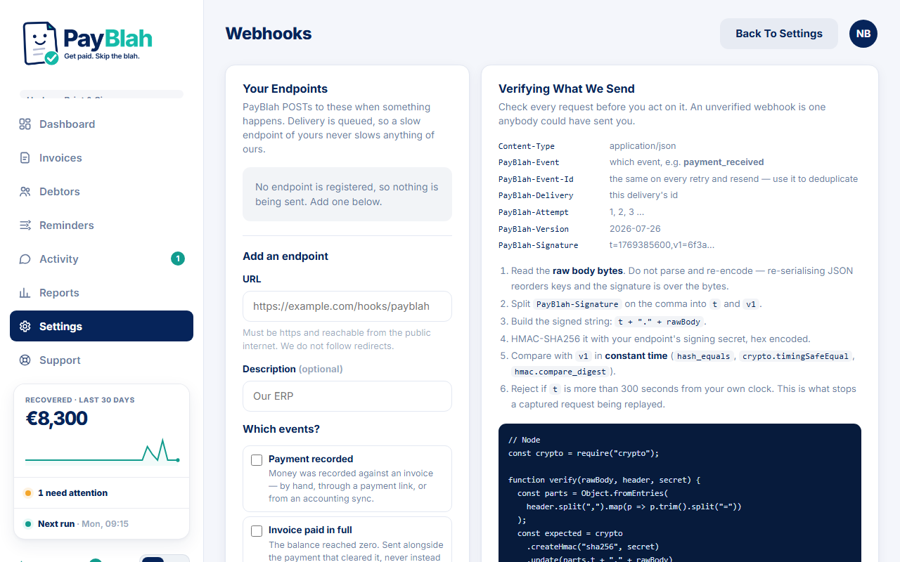 API and webhooks area of PayBlah settings