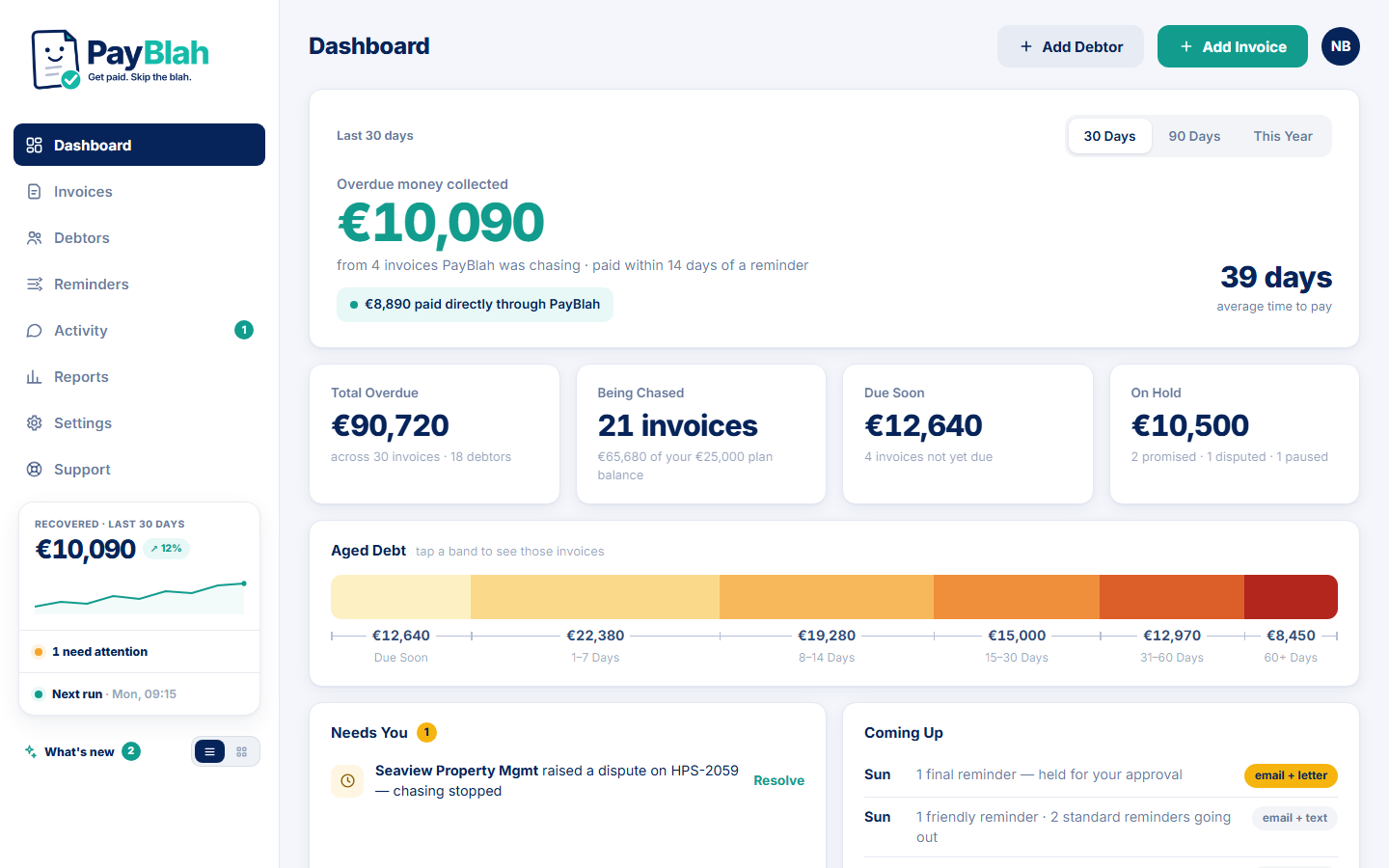 PayBlah's dashboard showing overdue money collected and what's coming up