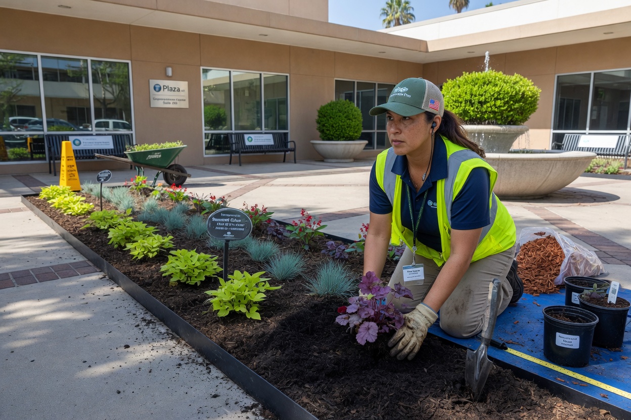 A landscaper in hi-vis planting out a bed in a commercial plaza courtyard