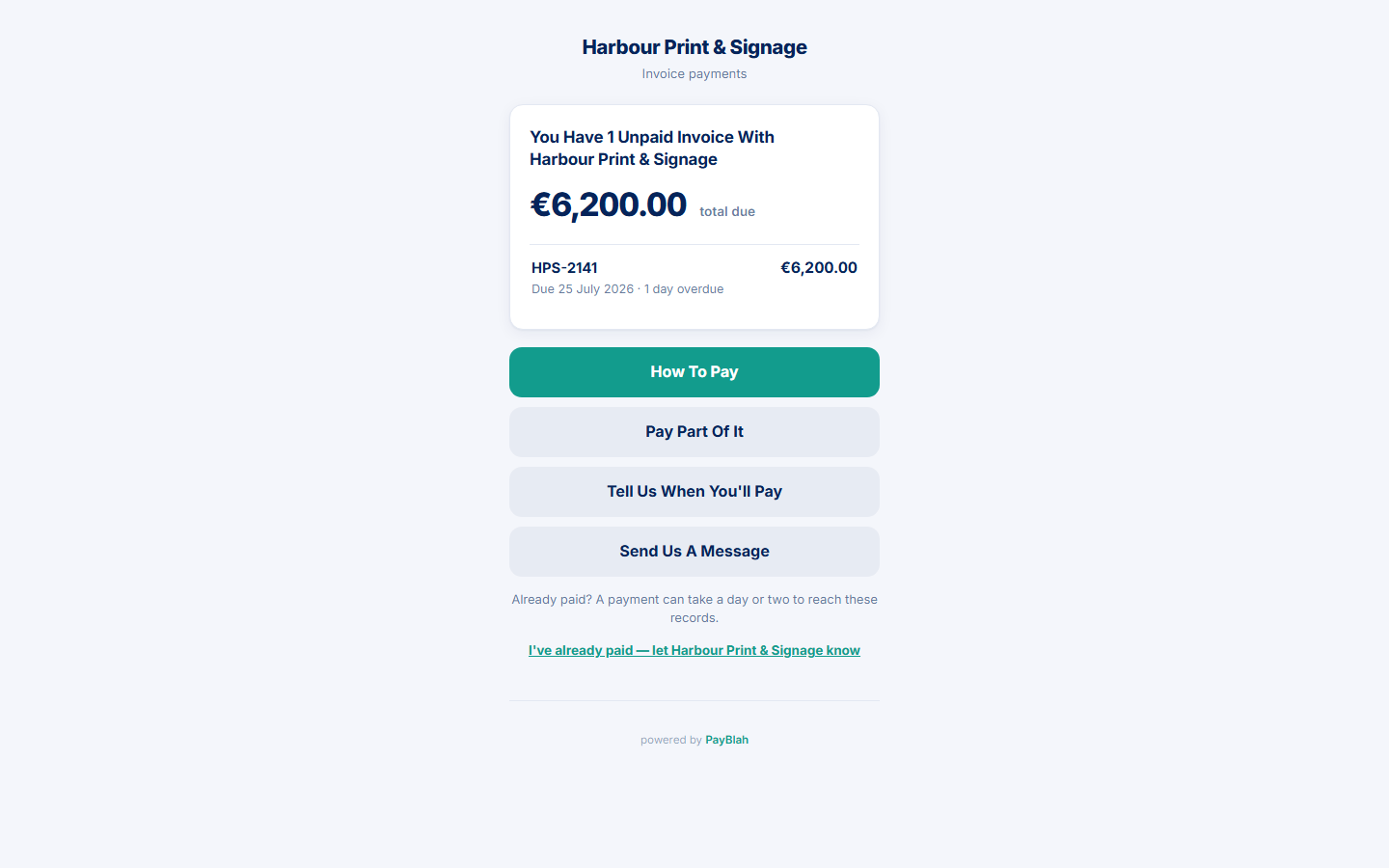 PayBlah debtor portal in the business's name, with options to pay now, make a part payment, promise a date, or send a message