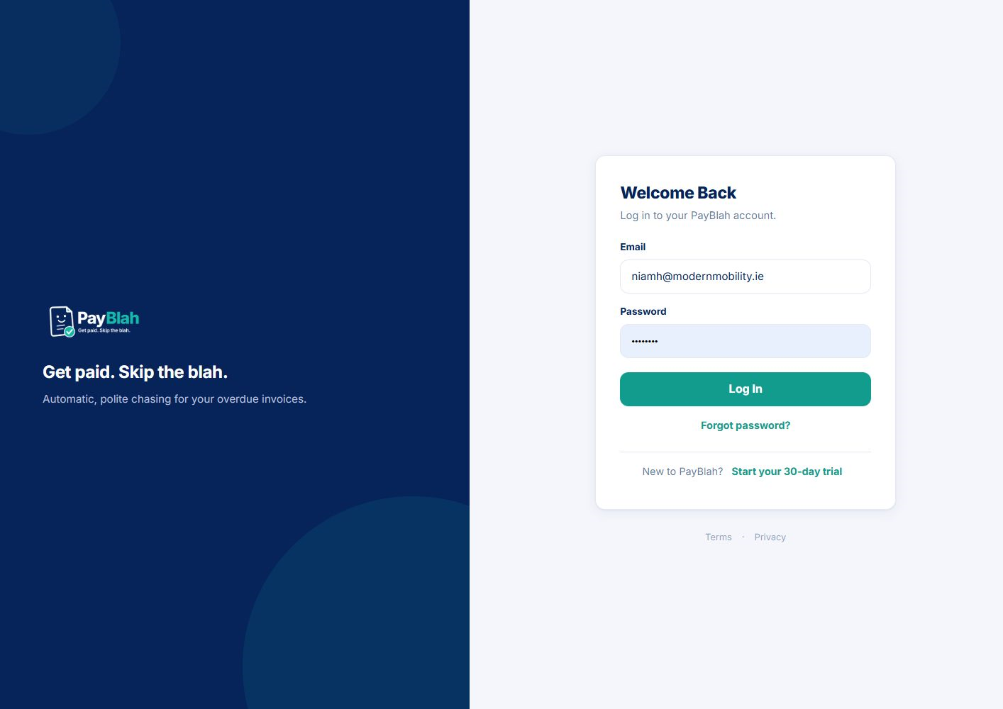 PayBlah login screen