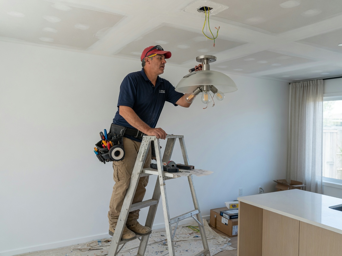 An electrician working at the top of a ladder
