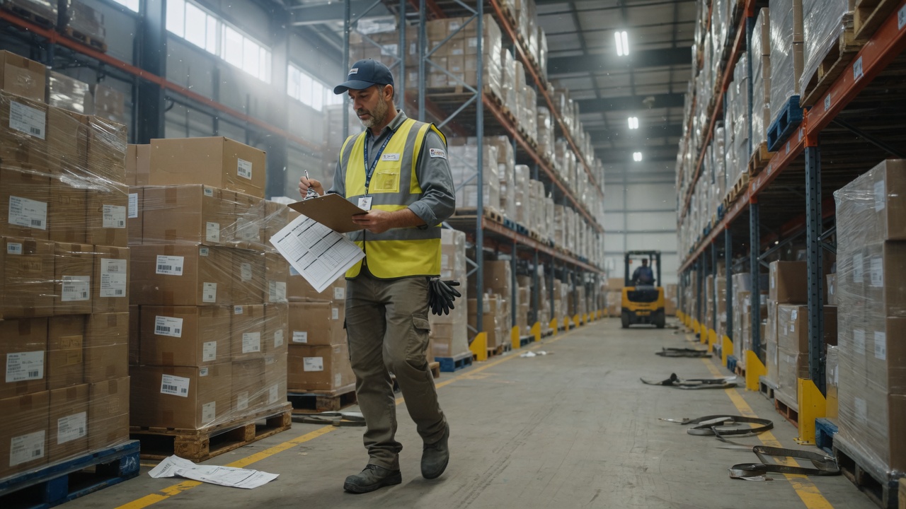 A warehouse worker checking stock with a clipboard