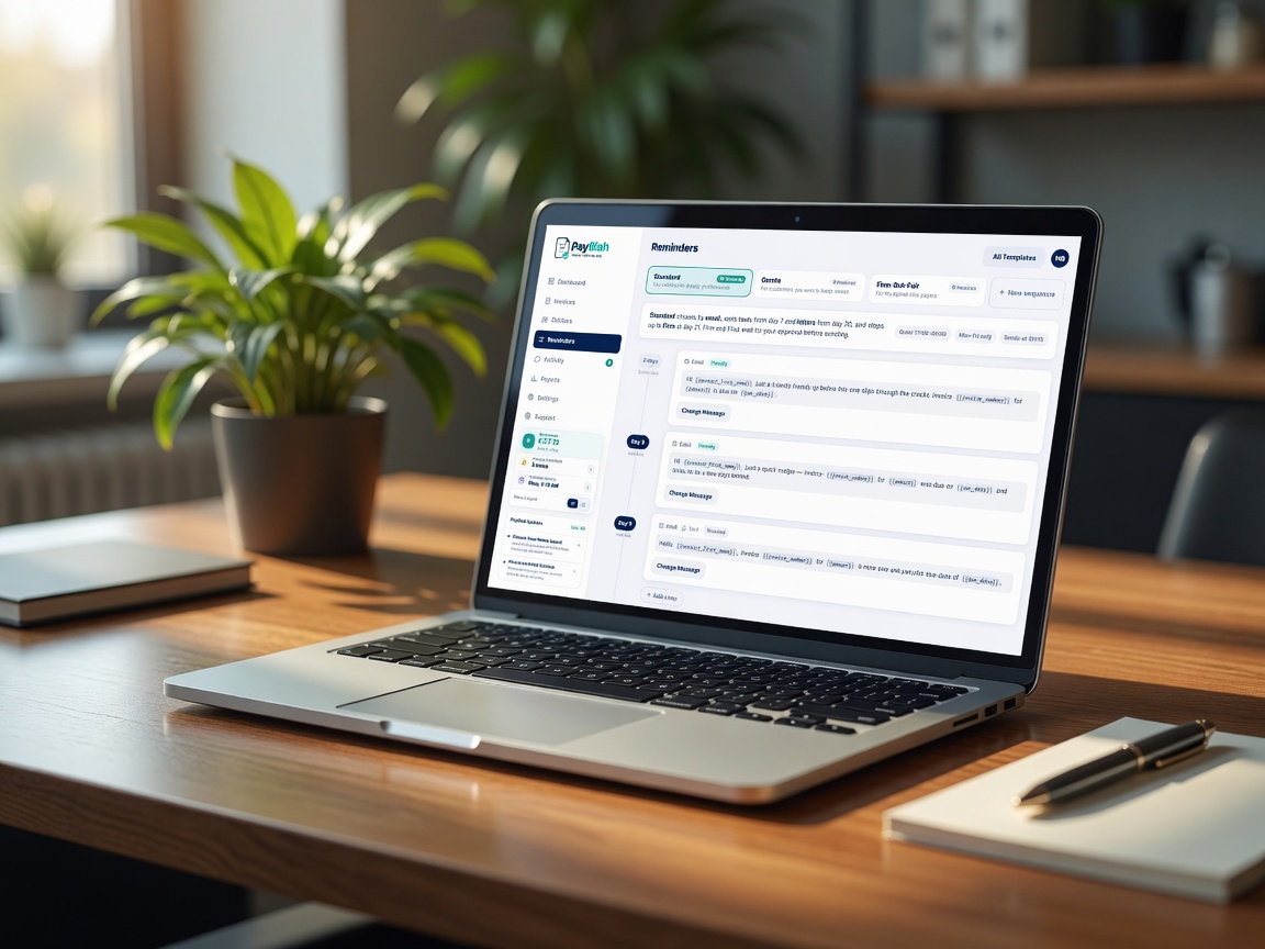 A laptop on a warm wooden desk showing PayBlah's reminder sequence editor