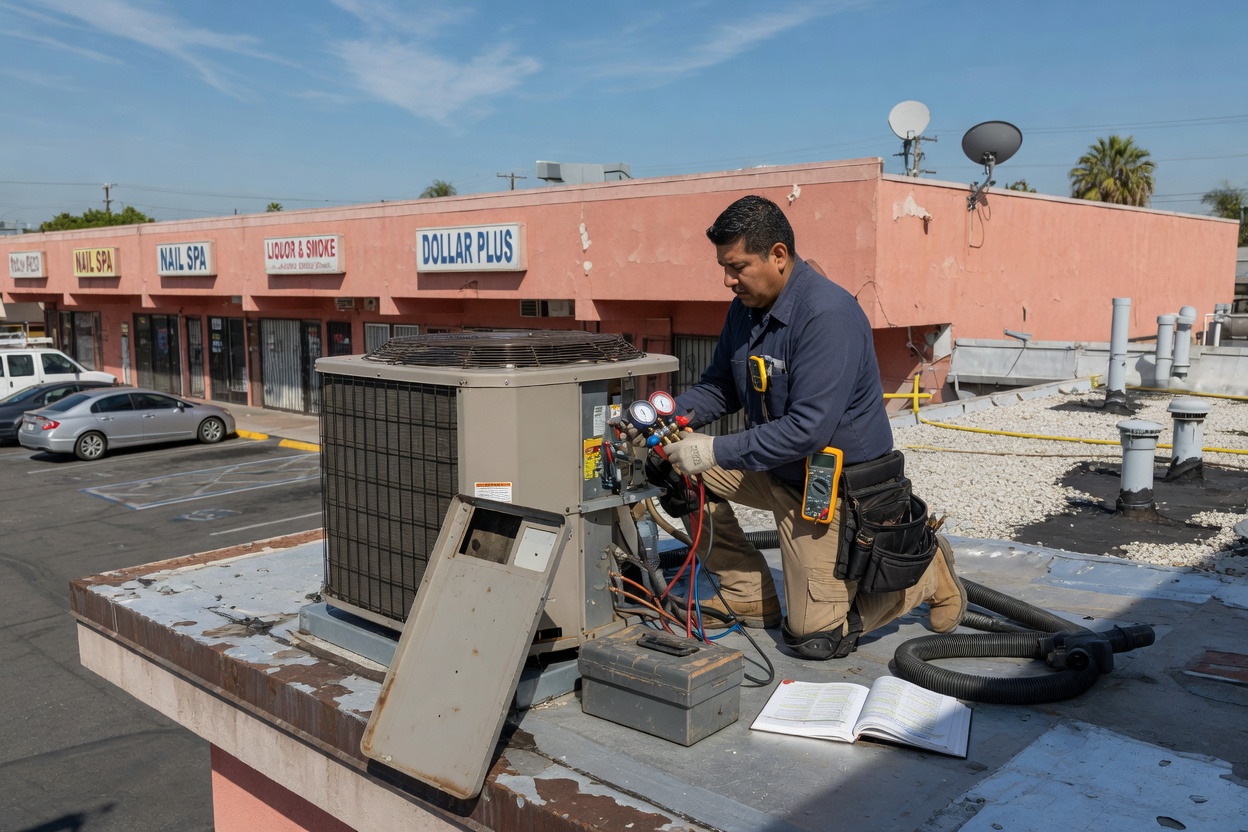 An HVAC technician reading gauges on a rooftop unit