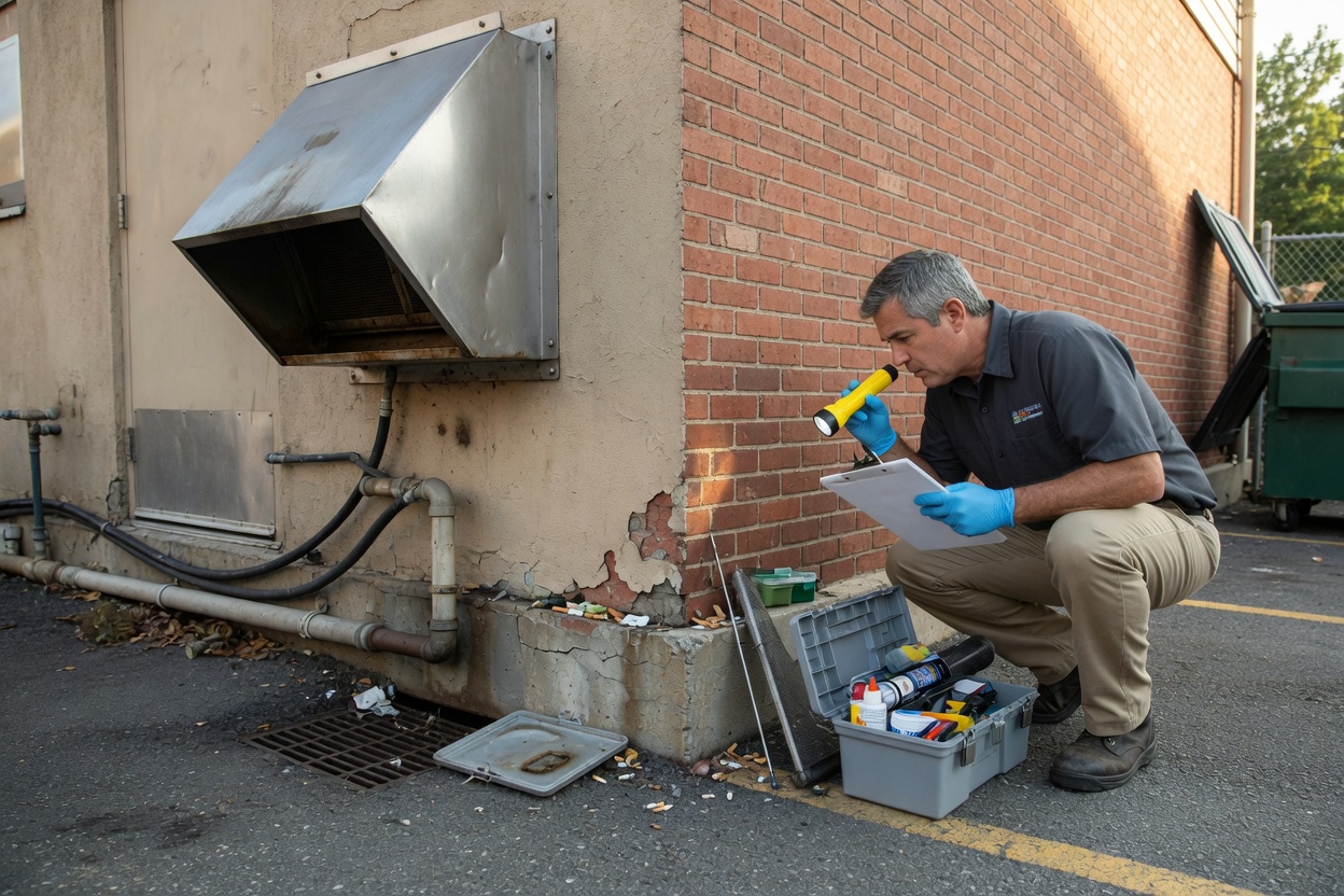 A pest-control technician inspecting a building exterior