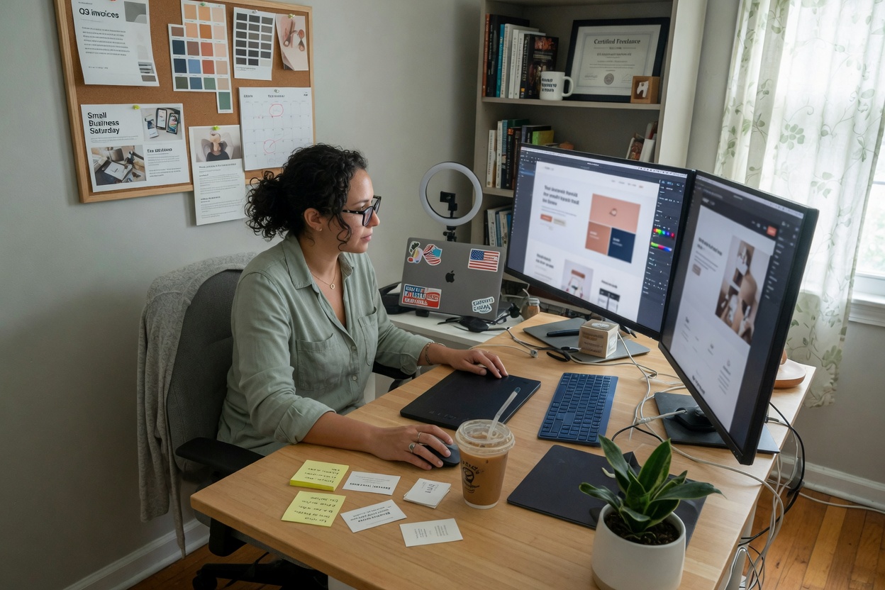 A web designer reviewing layouts across dual monitors