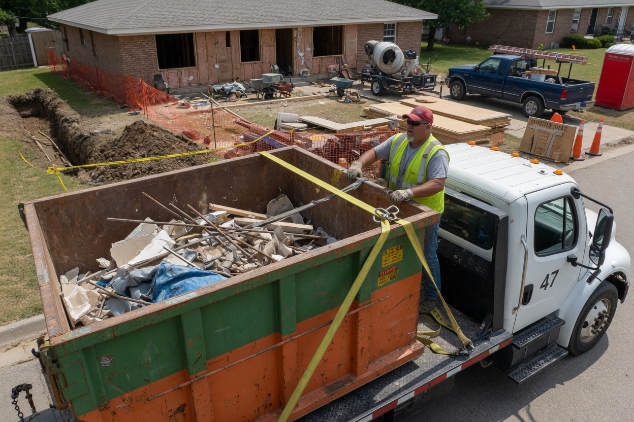An operator strapping down a loaded roll-off container