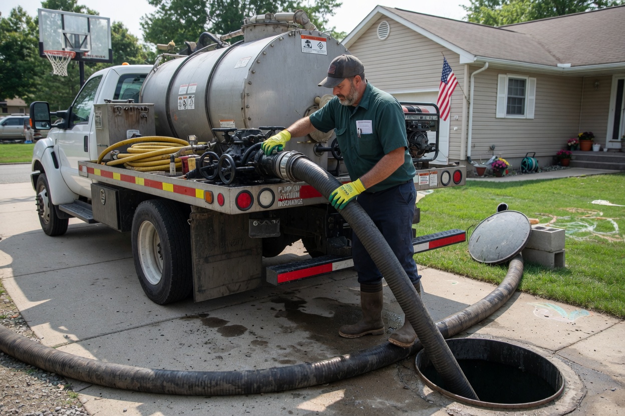 A septic technician guiding a hose from a pump truck