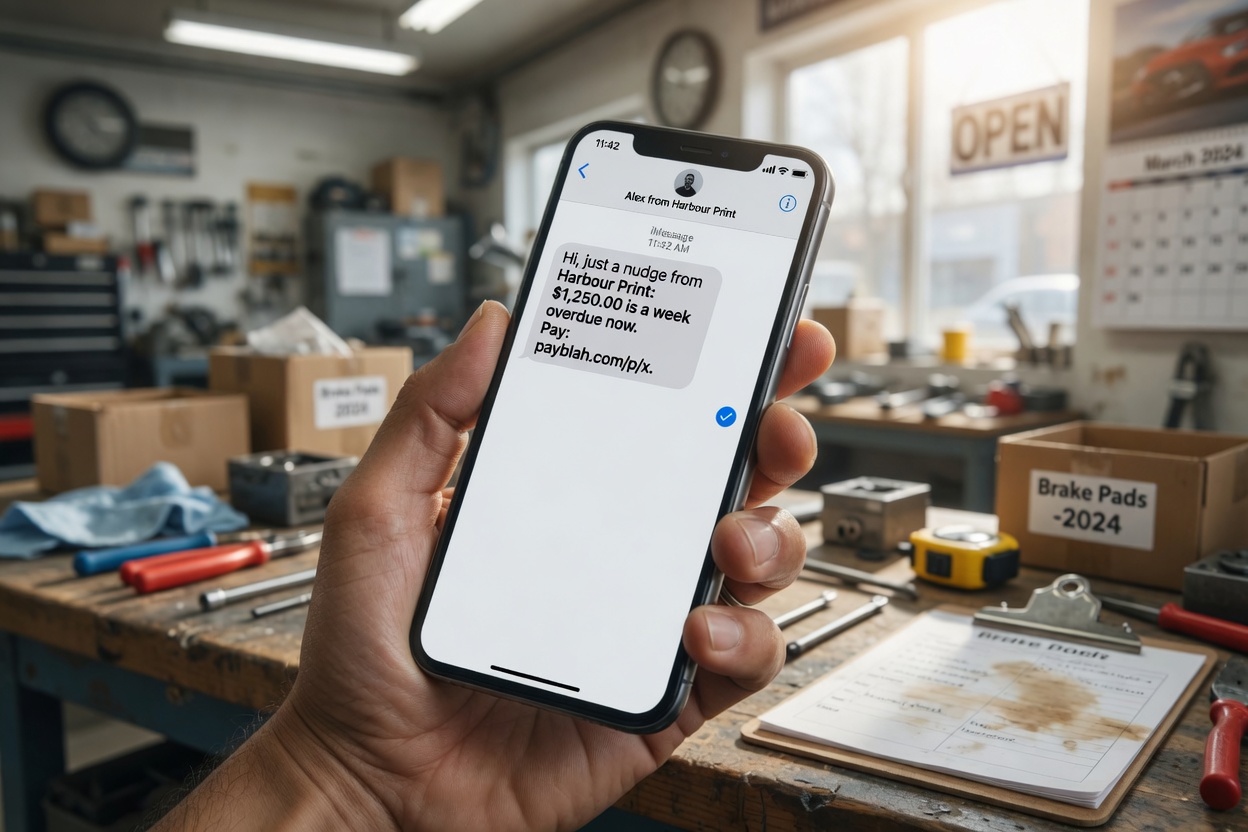 A tradesperson's phone showing a short, polite payment-reminder text from a business